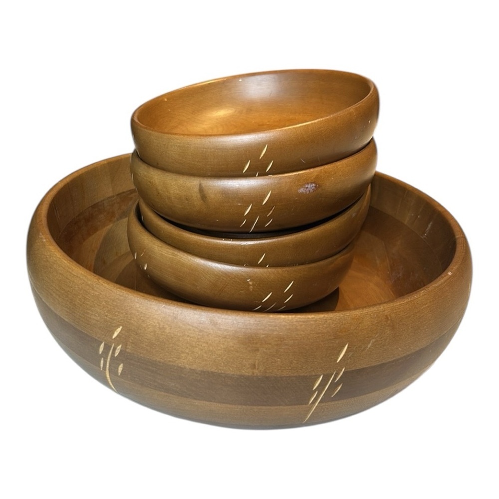 Vintage Baribocraft Canadian Maple Wood Mid Century Modern Large Salad Bowl Set
